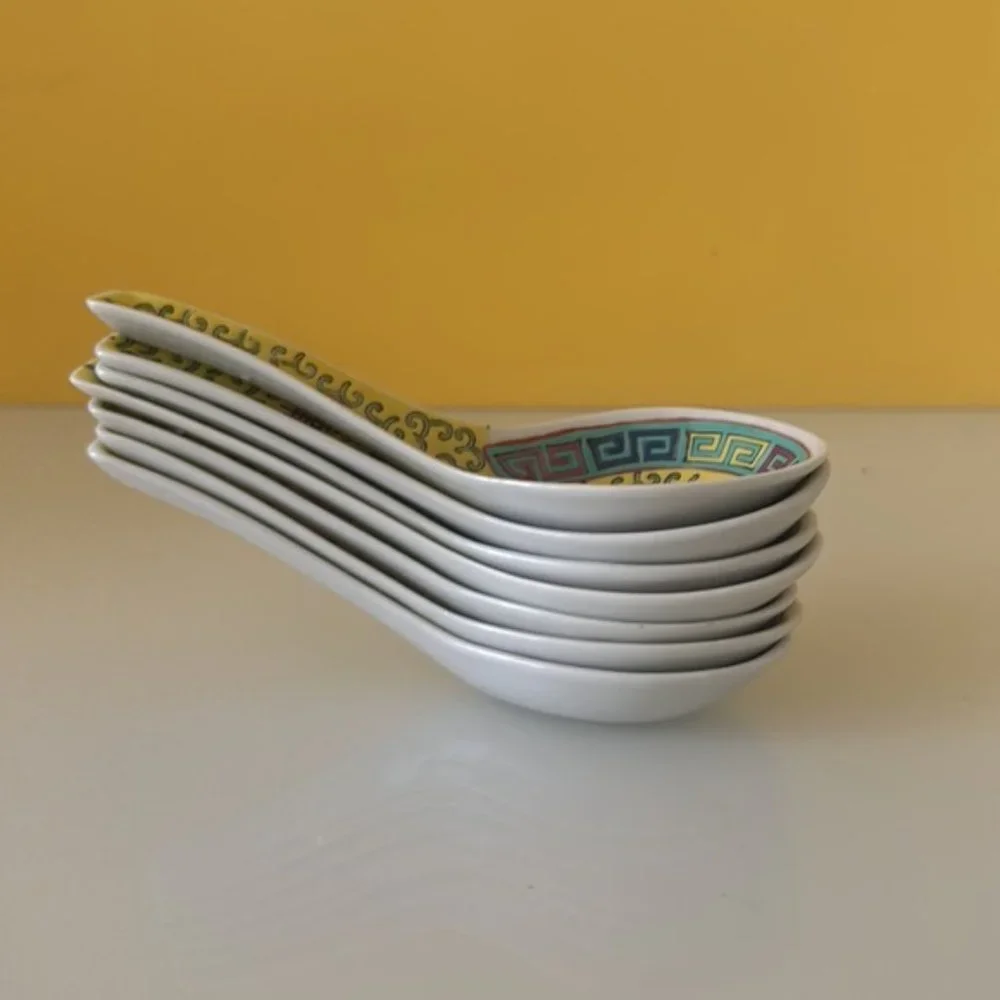 China Jingdezhen Wanshou Porcelain Soup Spoons Yellow Hand Painted Set of 7